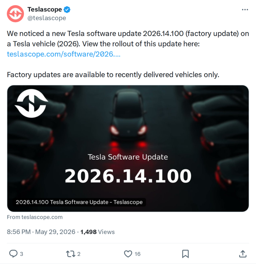 Tesla Factory Update 2026.14.100 Spotted on New Deliveries – BASENOR – Tesla Accessories