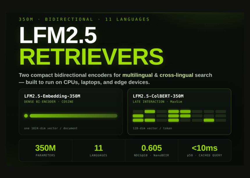 wp-header-logo-1707.png Liquid AI Introduces LFM2.5-Embedding-350M and LFM2.5-ColBERT-350M: Dense Bi-Encoder and Late-Interaction Models for Fast Multilingual Search Across 11 Languages – MarkTechPost