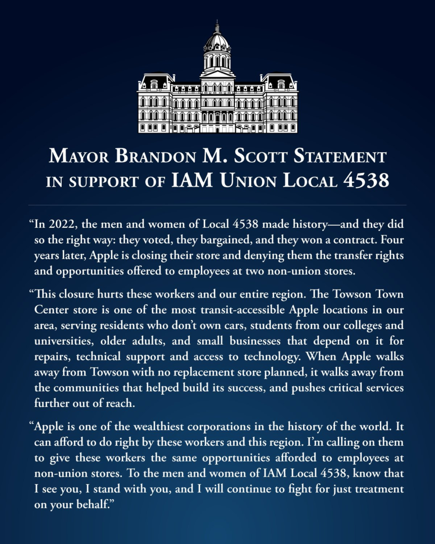 wp-header-logo-586.png IAM Union Applauds Baltimore Mayor Brandon M. Scott for Standing with IAM Local 4538 Members at Apple’s Towson Center – IAM Union