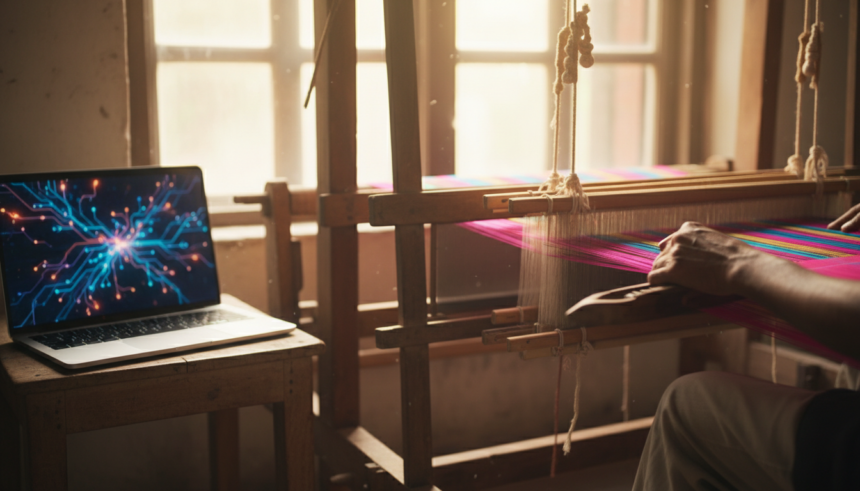 AI-proof jobs India AI-proof jobs in India: handloom weaver working beside a laptop