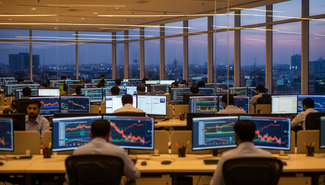 Infosys guidance cut: IT office in Bengaluru with engineers and revenue charts