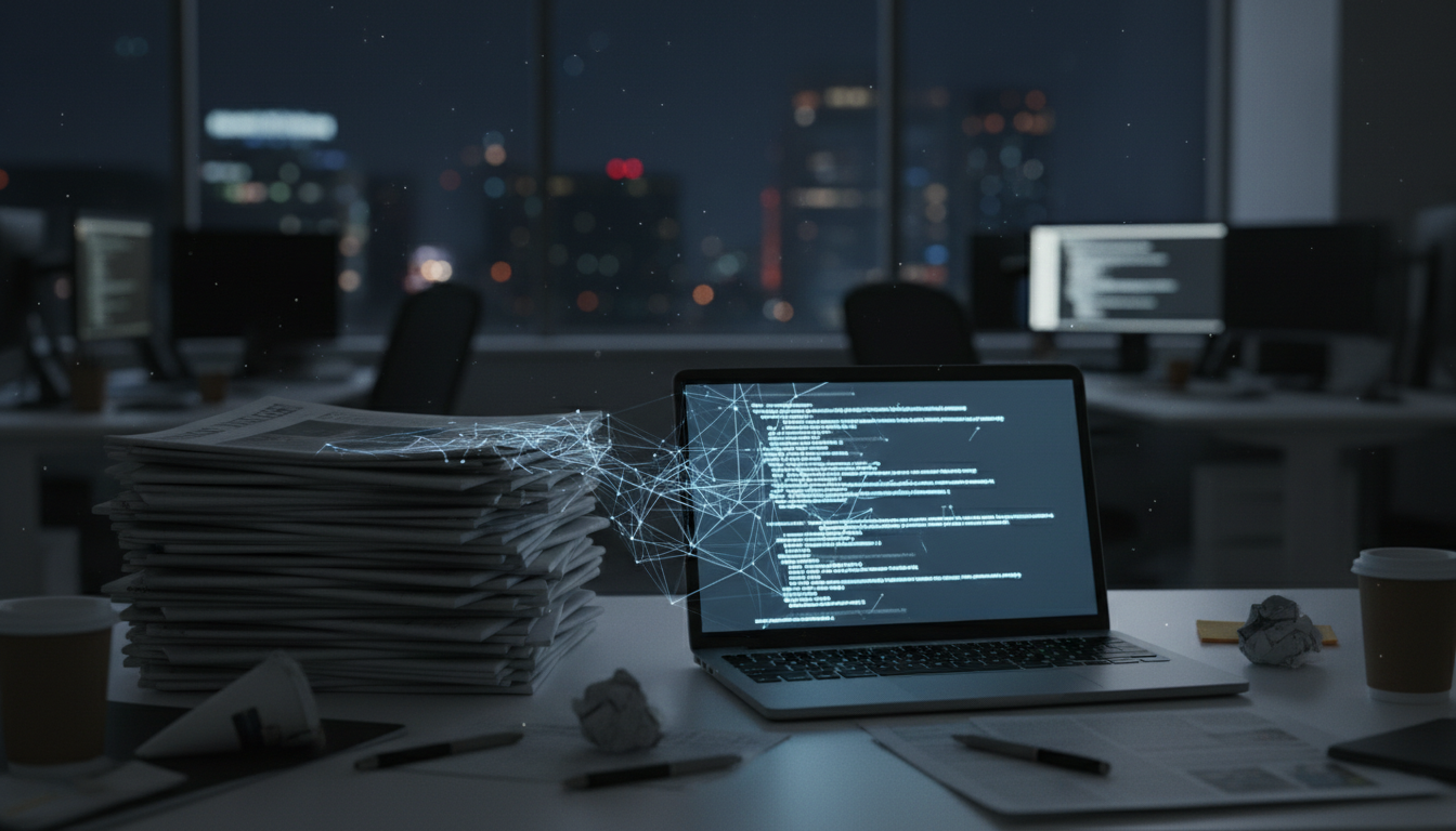 Meta AI scraping terms: newspapers beside a laptop showing web crawler code