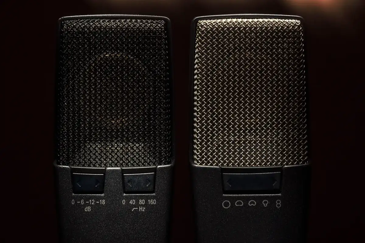 Close-up of a condenser microphone, illustrating the Dessa AI voice model