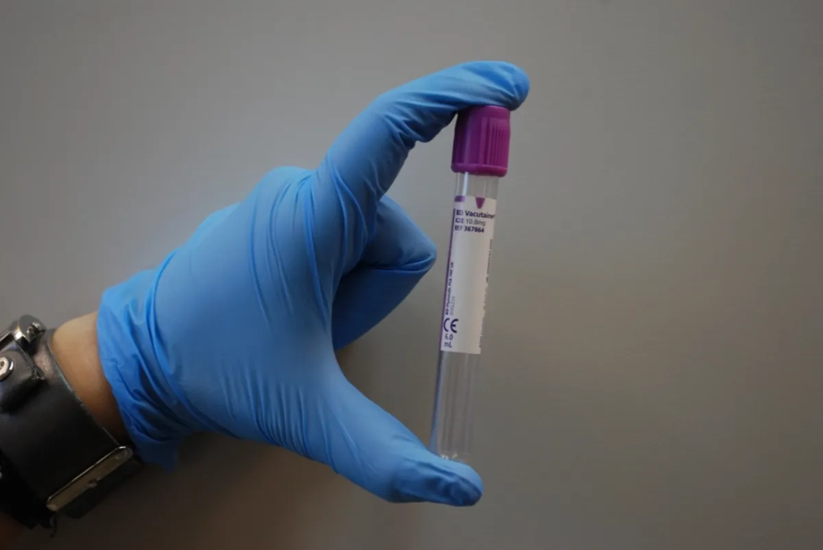 Gloved hand holding a blood sample tube used in genetic risk testing