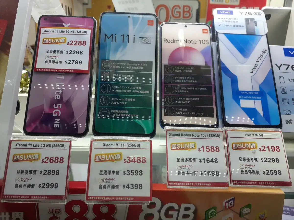 Smartphones in a shop window display, illustrating India smartphone shipments